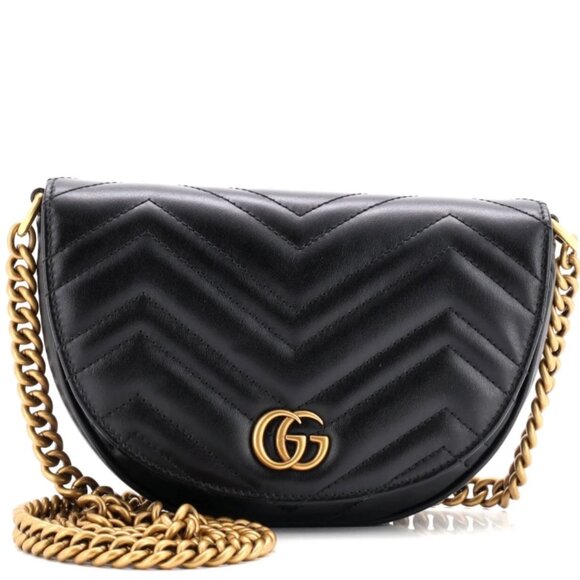Authentic Gucci GG Marmont Half Moon Mini Crossbody Bag Black Matelassé Leather - Picture 10 of 12